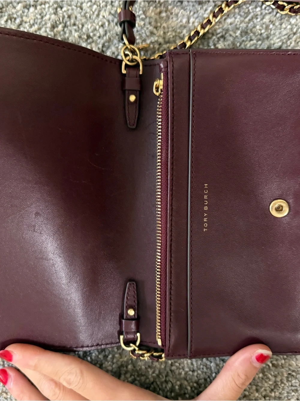 Tory Burch Fleming burgundy quilted leather wallet crossbody